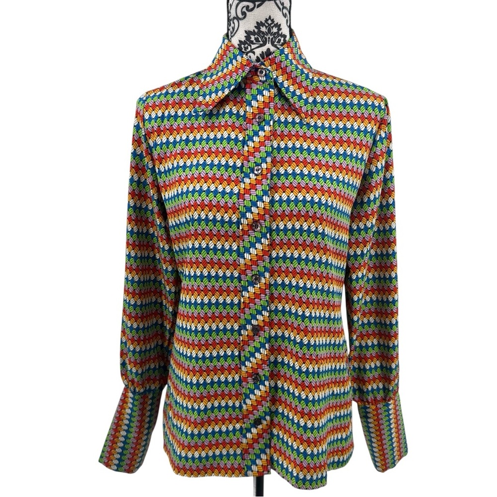 Vintage 70s Contessa Monique Florence Alper Geometric Retro Button Down Shirt